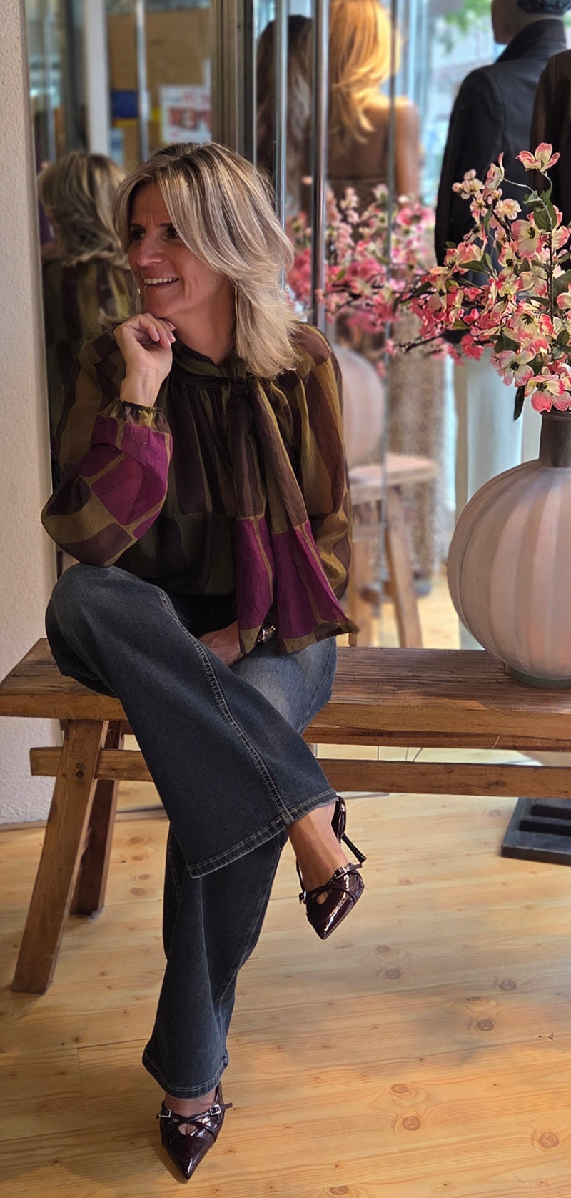 Blouse strik groen/bordeau